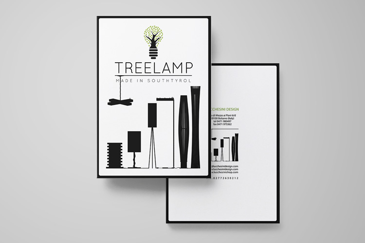 Realizzazione grafica Brochure Treelamp: la copertina è composta da logo e  le silhouette delle lampade realizzate, sul retro i contatti con le silhouette delle lampade realizzate in versione ridotta centrali al foglio. Gli elmenti sono neri su fondo bianco