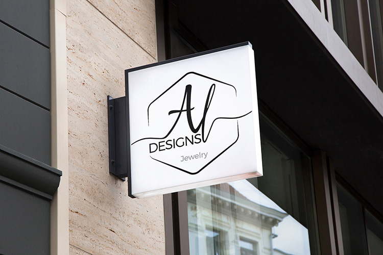 Realizzazione grafica Insegna negozio Al Designs Jewelry formato quadrato bianco con logo nero