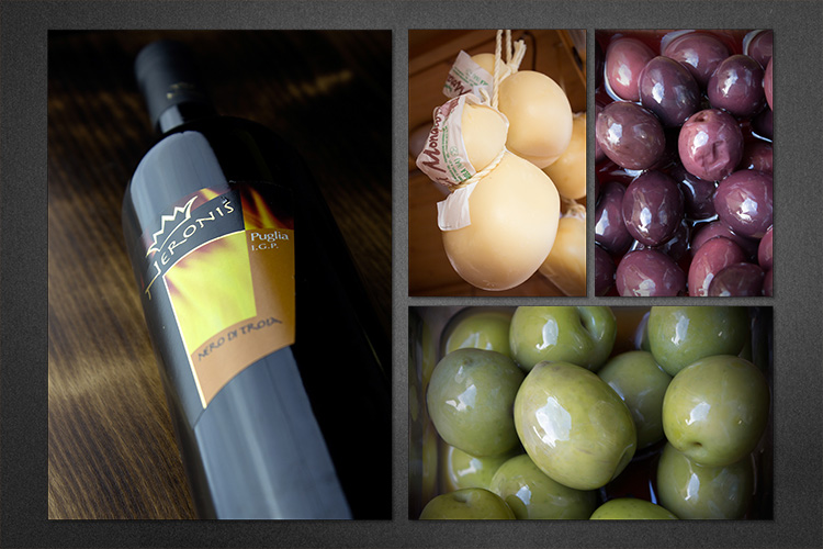 Servizio fotografico prodotti Sapori del Sud-Prodotti enogastronomici per la promozione FB: bottiglia di vino rosso, olive ascolane e caciocavallo